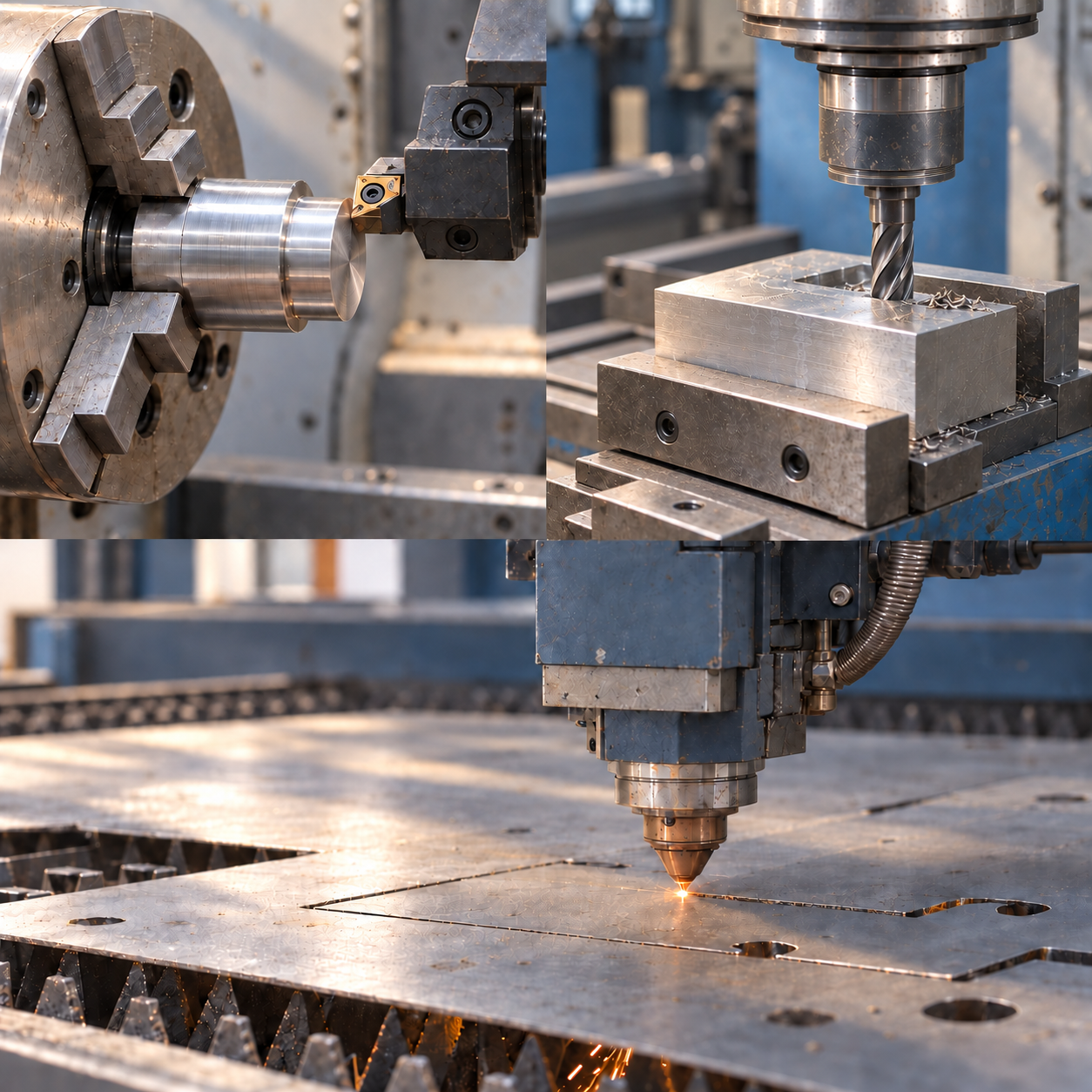 Illustrative montage of CNC turning, milling and laser cutting